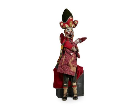 A RARE ENGLISH HAND PUPPET OF PUNCH WITH BABY  19TH CENTURY   painted wood and fabric  92cm x 29cm x 10cm