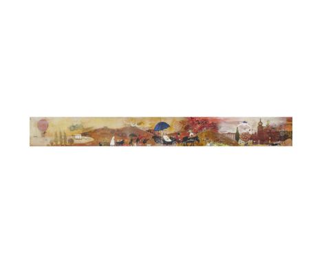 JOHN BURNINGHAM (B. 1936)  WONDERLAND   Mixed media, framed, signed on label verso  188cm x 29cm Note: 'I designed a series o
