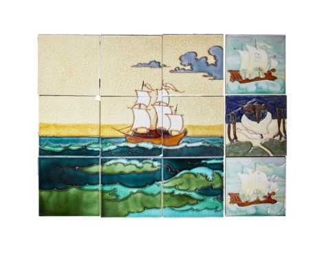 NINE-TILE PANEL IN THE MANNER OF CHARLOTTE RHEAD FOR T. &amp; R. BOOTE CIRCA 1930  decorated in tube line with a ship in full