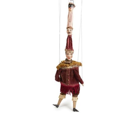 TILLER-CLOWES FAMILY TROUPE  ENGLISH TRICK MARIONETTE OF SCARAMOUCHE, LATE 19TH CENTURY   painted wood and fabric, telescopic
