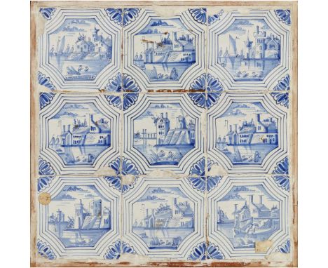 A DUTCH BLUE TILE PANEL  LATE 18TH CENTURY   comprised of nine tiles, each depicting a river or canal-side scene  41cm (16in)