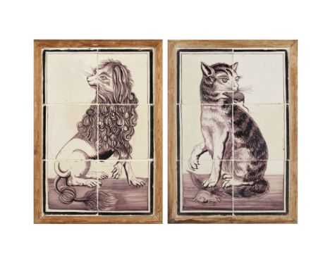 A PAIR OF MANGANESE DUTCH DELFT TILE PANELS  LATE 18TH CENTURY   depicting a seated dog opposing a seated cat with captured m