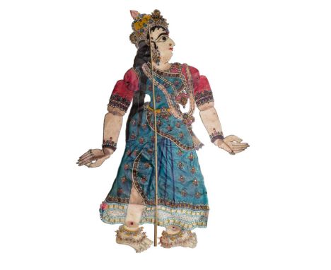 GROUP OF RAJASTHANI KATHPULTI AND SHADOW PUPPETS  20TH CENTURY   painted wood and fabric, comprising FEMALE DANCER, 68cm x 22