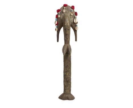 GROUP OF AFRICAN PUPPETS  19TH AND 20TH CENTURY   painted wood and fabric, comprising TWO MILLET GRINDERS, 40cm x 9cm x 45cm;