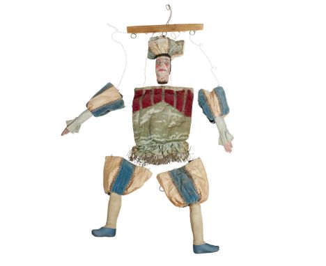 TILLER-CLOWES FAMILY TROUPE  THREE ENGLISH TRICK MARIONETTES, LATE 19TH CENTURY   painted wood and fabric, comprising STRETCH