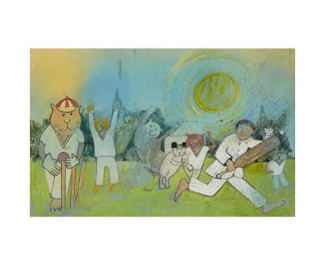 JOHN BURNINGHAM (B. 1936)  CATS PLAYING CRICKET   Ink, spray paint, crayon and pencil, with sketch verso of The Cow That Jump