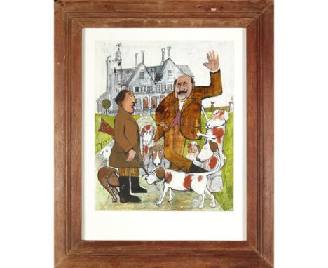 JOHN BURNINGHAM (B. 1936)  'HARQUIN': THE NEXT DAY THE GAMEKEEPER WENT TO SEE THE SQUIRE   Mixed media, framed, signed on lab
