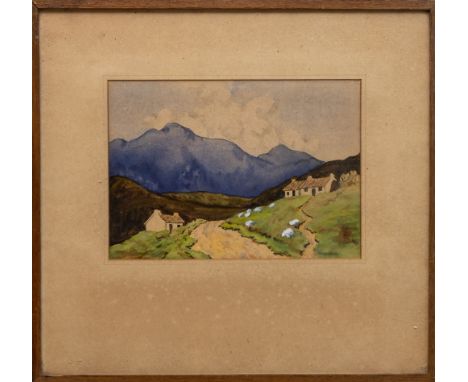 Paul Henry RHA (1876-1958)  Connemara Landscape with Cottages and Mountains  c. 1923-4  watercolour on paper.  signed l.r. ‘P