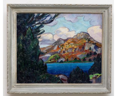 [Bloomsbury Group] In the Manner of Roger Fry (1866-1934)  "Lakeside and Mountain View," O.O.C., depicting a bright and vibra