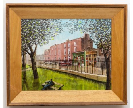 Noel Goulding (20th/21st Century)  "Books on the Green, Sandymount Green," O.O.C., depicting a park and street scene with fig