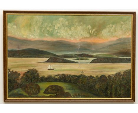 19th Century Naïve Irish School "View of Bantry Bay from Bantry House", oils on board, Seascape with boats, and mountains in 