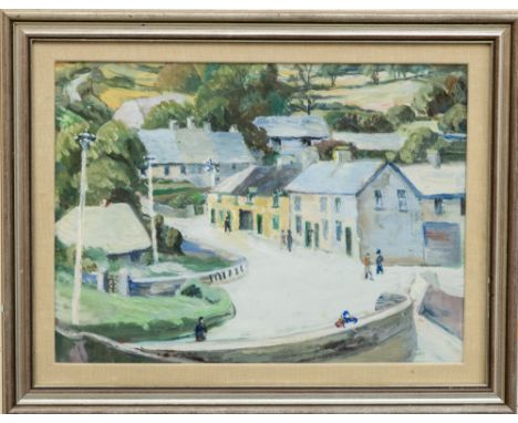 M. de Niadh, Irish, 20th Century "Dunmore East", O.O.B., label on reverse, cloth mount, silvered frame, approx. 30 x 40cms (1