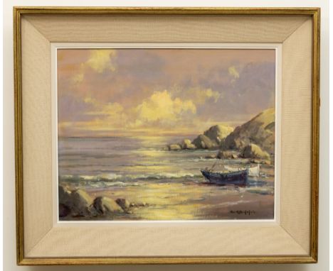 George K. Gillespie, R.U.A. (1924-1995) "Sunset Seascape with boats on the Shoreline", O.O.C., approx. 42 x 50cms (16" x 20")
