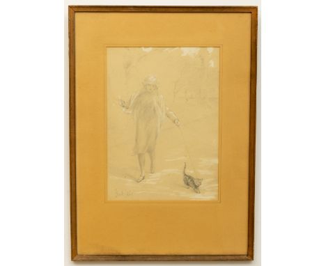 Frank C. King, British (act. 1911-1929) Pencil Sketch, "Lady walking with cat in a park", approx. 33 x 24cms (13" x 9 ½"), si