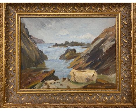 Estella Francis Solomons, HRHA (1882-1968)  "Rocky Inlet Seascape," O.O.B., approx. 25cms x 34cms (10" x 13") unsigned, inscr