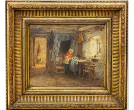 James Richard Marquis, RHA (1833 - 1885)  "Irish Cottage Interior with Lady at Work," O.O.C., depicting an elderly lady seate