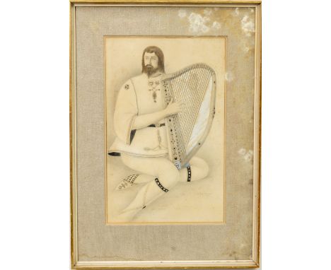 Robert Boyd Morrison (1896-1969)  Watercolour,&nbsp;"Irish Harpist," depicting a bearded Gentleman in ancient Celtic attire s