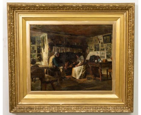 Henry Sykes, British, RBA (1855 - 1921)  "An Irish Cottage Interior," O.O.C., depicting two figures seated by an open fire, t