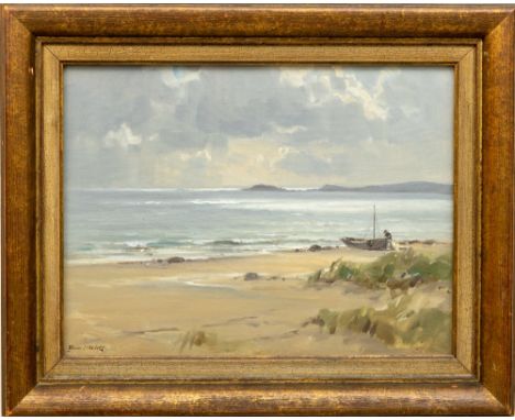 Frank McKelvey, R.H.A., R.U.A. (1895-1974) "Seascape with beach in foreground, with man tending to boat", (possibly Donegal),