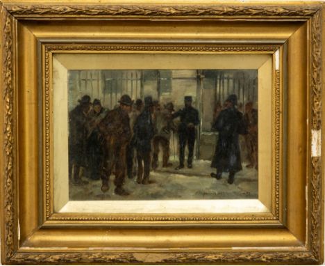 William Henry Pike, British (1846-1908)  "Police Watch," O.O.B., Busy Scene with Police Officers and Multiple Figures by rail