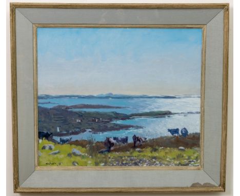 Maurice MacGonigal, PRHA (1900 - 1979) "Galway Bay, Connemara," O.O.B., depicting seascape with cottages and cattle in foregr