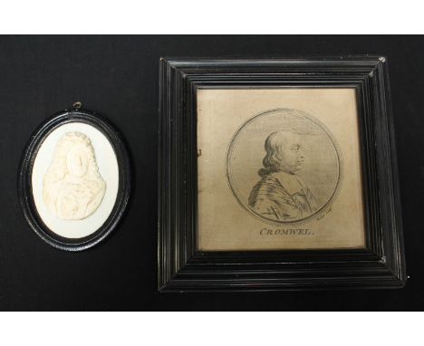 An engrave profile portrait of Oliver Cromwell, 12x12cm, together with a cameo carved ivory portrait of a 17th century gentle