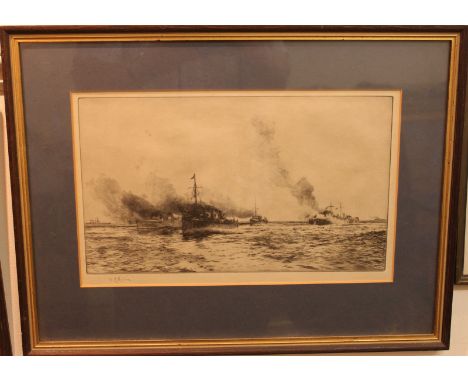 William Lionel Wylie RA (British 1951-1931), "WW1 Destroyers leaving a burning ship,' etching, signed in pencil, old gallery 