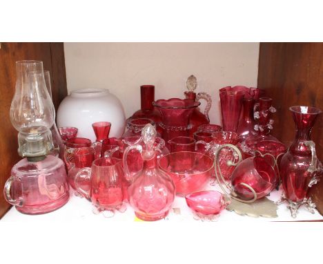 SECTION 13.  A good quantity of Victorian cranberry glass including vases, decanters, bowls and an oil lamp.