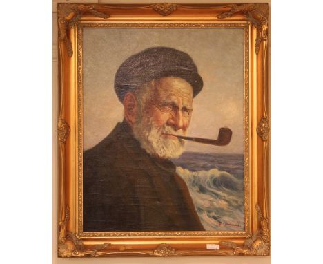 Rosalie Raimond, Portrait of an silver-haired fisherman smoking a pipe, signed and also inscribed verso with date 1887, oil o