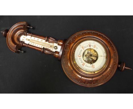 A small Victorian mahogany banjo barometer, with thermometer and column sides, the top initialed FC. 56 cm high.