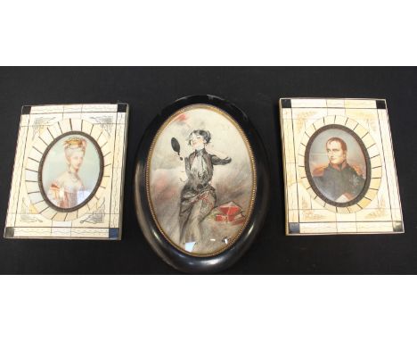 A pair of miniature portraits of Napoleon and Josephine, together with a small watercolour portrait of a young lady 'The Jewe
