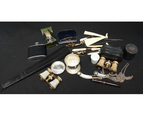 Various collectables including a miniature tortoiseshell mandolin, two pairs of 19th C French MOP Opera glasses, two bossons 