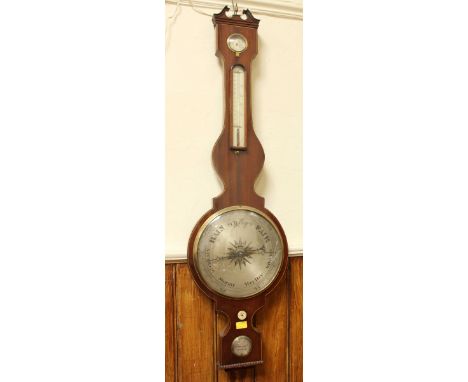 A 19th century mahogany banjo barometer by Bryan of Lincoln, with swan neck pediment, over hygrometer, thermometer, barometer