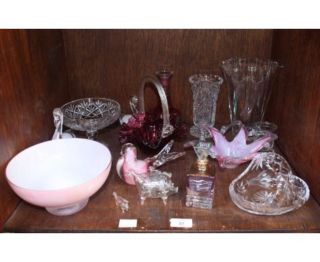 SECTION 37 - Various assorted glass items including a ruby glass handkerchief basket and an unusual perfume bottle.