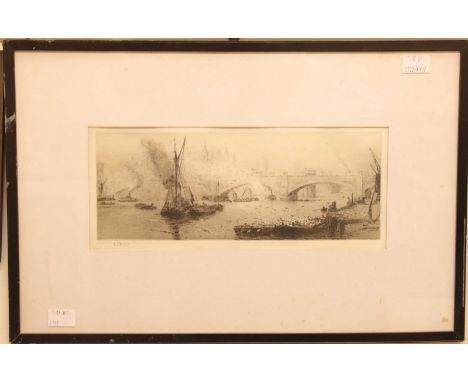 William Lionel Wylie RA (British 1951-1931),barges on the Thames with bridge beyond, signed in pencil, etching on paper, 13x3