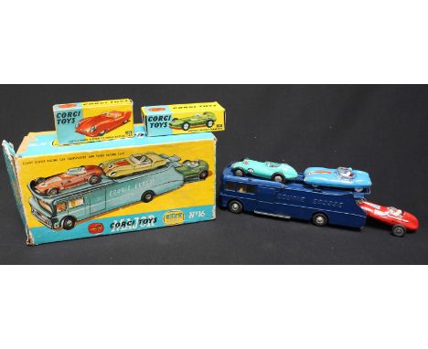 A Corgi Toys Gift Set 16 GS16 Ecurie Ecosse Racing Car Transporter and three racing cars. Includes 2 boxed racing car models: