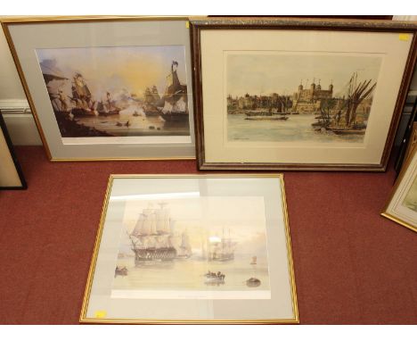 A collection of three maritime prints 'Star Spangled Banner', 'HMS Victory', and 'Tower of London' etching by Holloway, toget