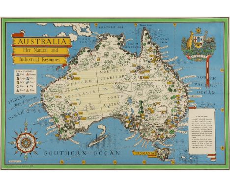 Australia.- Gill (Leslie MacDonald) Australia. Her Natural and Industrial Resources, pictorial wartime map of Australia illus