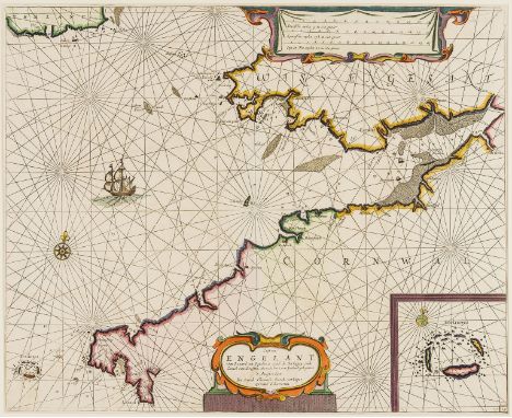 Cornwall and Wales.- Jacobsz (Jacob) Cust van Engelant., van Lezard tot Engelands eynd, de Sorlinges..., chart showing the co
