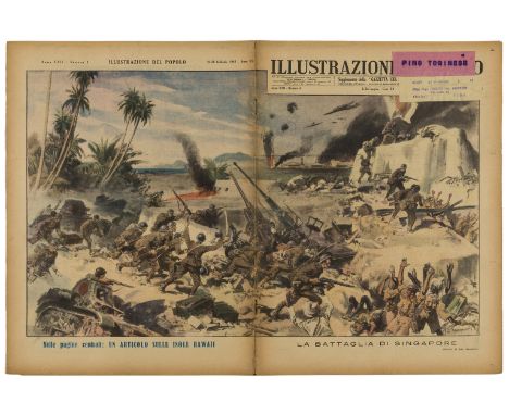 Singapore.- Illustrazione del Popolo. La Battaglia di Singapore, double-page view after Aldo Raimondi, colour lithograph, she