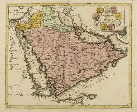 Middle East.- Weigel (Christoph) Arabiae Veteris Typus, map showing the Arabian peninsula, decorated with medallions and coin
