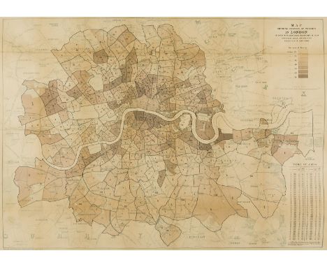 London Poverty.- Booth (Charles) Map Shewing Degrees of Poverty in London in areas with about 30,000 Inhabitants in each, Com