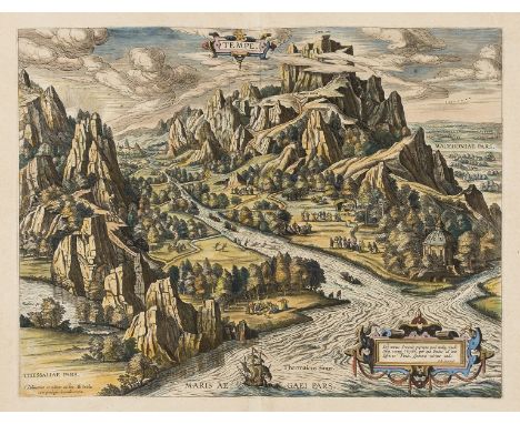 NO RESERVE Mount Olympus.- Greek myths.- Ortelius (Abraham) Tempe, bird's-eye view of the mythical paradise of Tempe in Thess