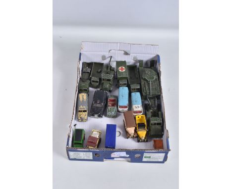 A QUANTITY OF UNBOXED AND ASSORTED PLAYWORN DIECAST VEHICLES, assorted Dinky Toys military vehicles, including Thornycroft Mi