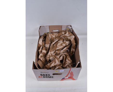 BOX CONTAINING A NUMBER OF MILITARY UNIFORM ITEMS AS FOLLOWS, standard Camo shirt believed UK no label, British Desert DPM Co