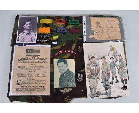 VARIOUS SAS/ MALAYA CRISIS INTEREST ITEMS to include SAS Metal insignia on 6 small coloured tabs, Para wings copied photo of 