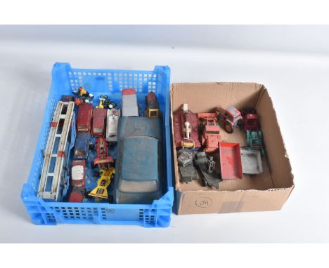 A QUANTITY OF UNBOXED AND ASSORTED PLAYWORN DIECAST VEHICLES, assorted Corgi cars including Morris Mini Minor, metallic maroo