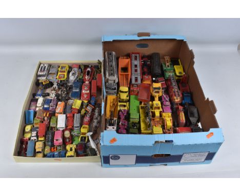 TWO BOXES CONTAINING APPROXIMATELY SEVENTY DIECAST VEHICLES IN HEAVILY PLAYWORN CONDITION, together with a small quantity of 