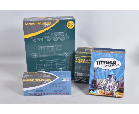 A COLLECTION OF BOXED  RAPIDO TRAINS UK OO GAUGE RAILWAY SETS, to include a Wagon Triple Pack 'Inspired by Titfield, a 7 plan