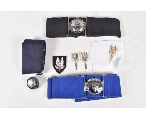 THREE CURRENT ISSUE STABLE BELTS FOR UK SPECIAL FORCES, including buckles, 22 SAS in Blue, complete, 13th Signals Regiment (U